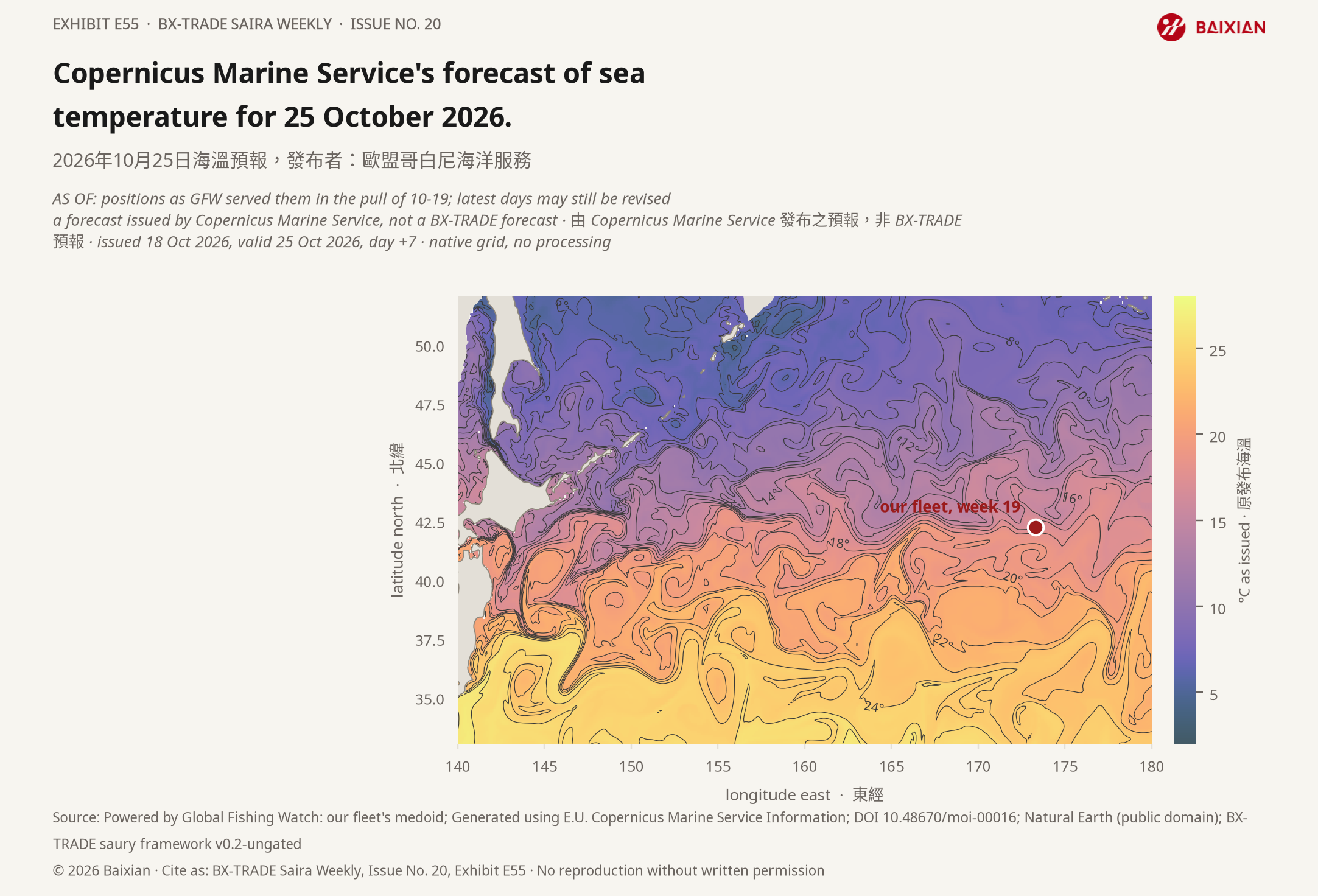 E55: Copernicus Marine Service's forecast of sea temperature for 25 October 2026.